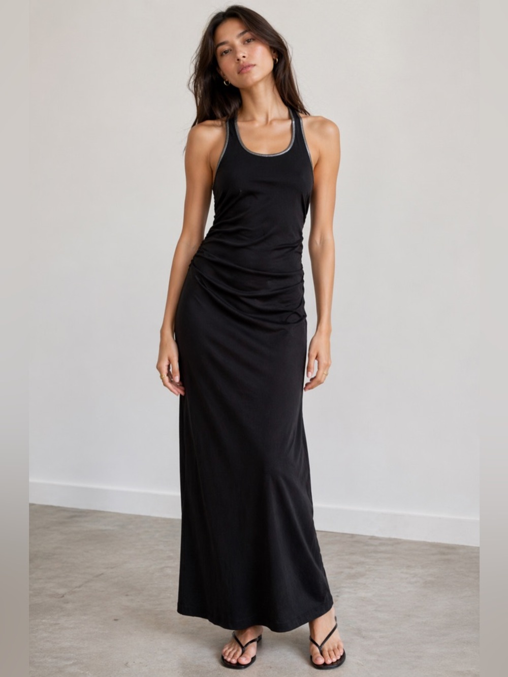 Michael Stars Charcoal Gray Ruched Racerback Midi Dress Size L